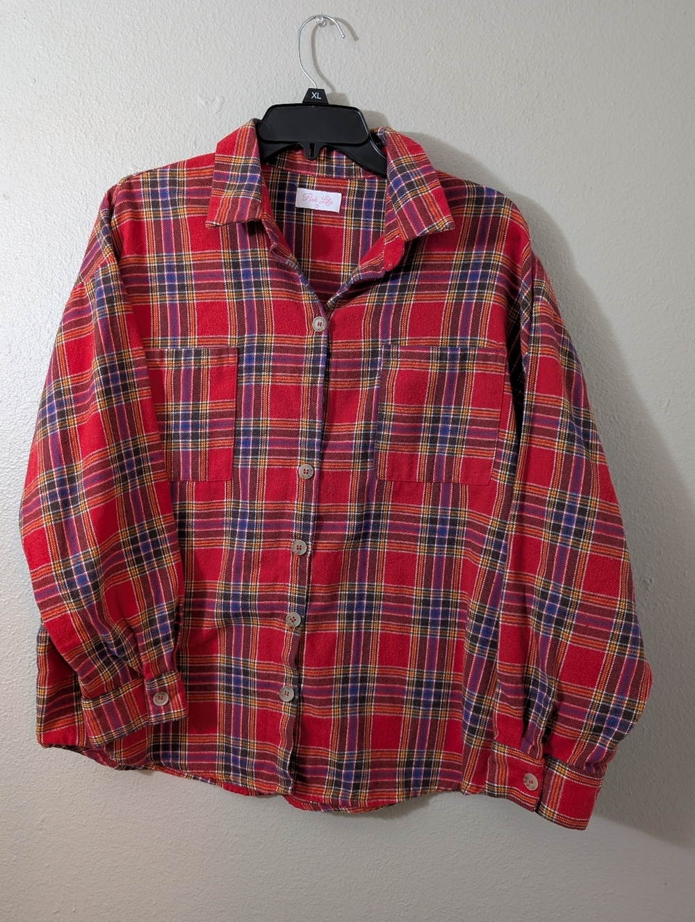 Pink Lily Red Plaid Flannel Shirt Button Down